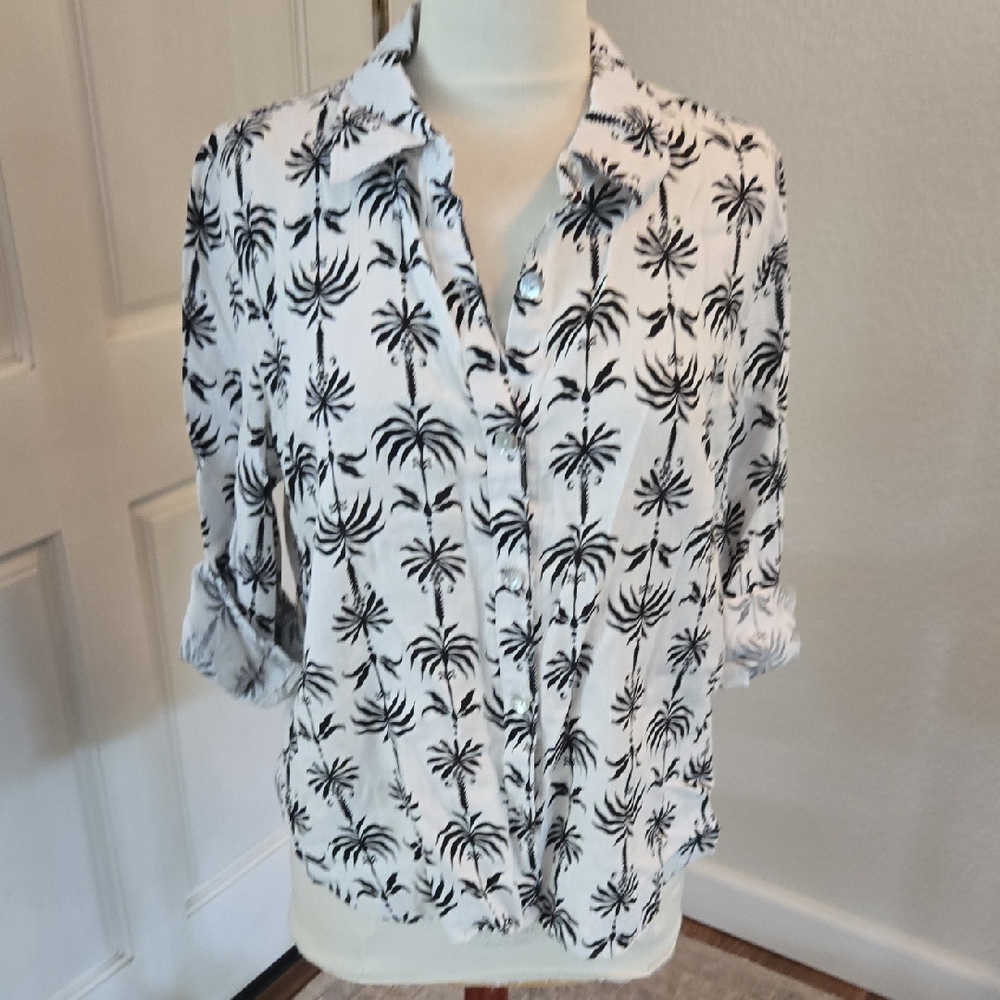 Nicole Miller White Button-Down Shirt with Black Palm Print